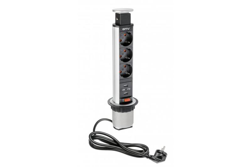 Indux Up & Down uitschuifbaar stopcontact zilver 3x randaarde + 2x USB-A 2,1A 3600W Ø60 mm