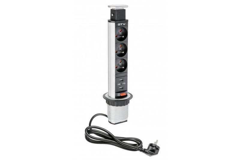 Indux Up & Down uitschuifbaar stopcontact zilver 3x penaarde + 2x USB-A 3600W Ø60 mm