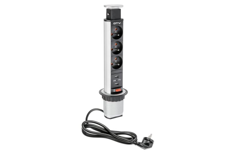 Indux Up & Down uitschuifbaar stopcontact zilver 3x penaarde + 2x USB-A 3600W Ø60 mm