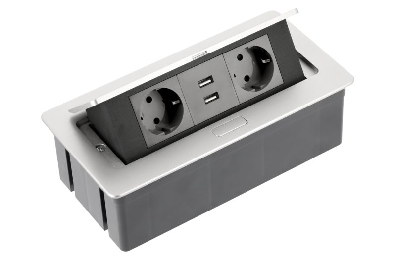 Meubelstopcontact SOFT, 2xSHUKO, 2xUSB-A 2,1 A, kabel 1,5 m, aluminium