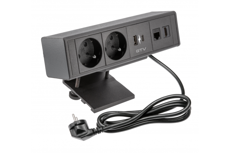 Indux Desk BAR bureaustopcontact zwart 2x penaarde Type E + USB-A & USB-C 20W + HDMI + RJ45