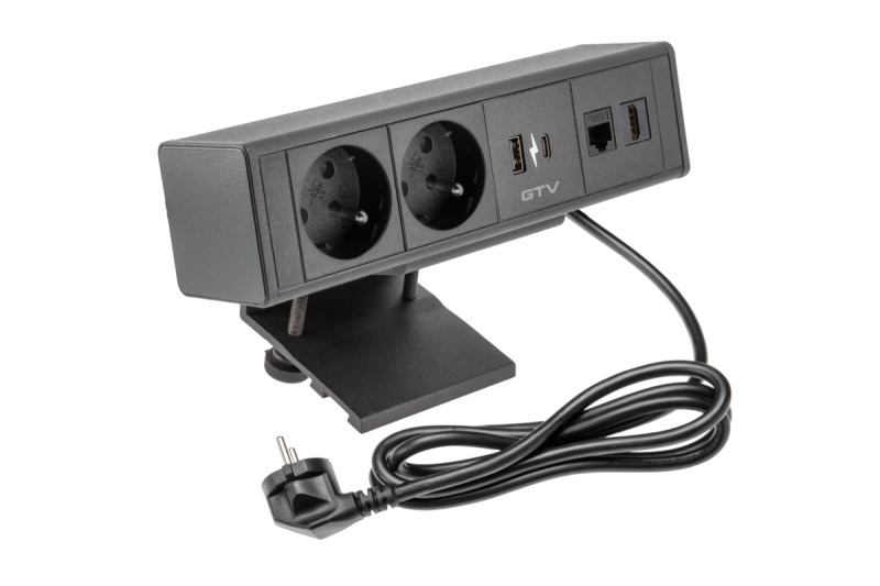 Indux Desk BAR bureaustopcontact zwart 2x penaarde Type E + USB-A & USB-C 20W + HDMI + RJ45