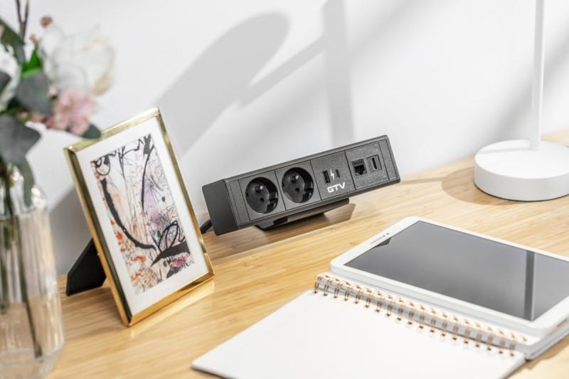 Indux Desk BAR bureaustopcontact zwart 2x penaarde Type E + USB-A & USB-C 20W + HDMI + RJ45