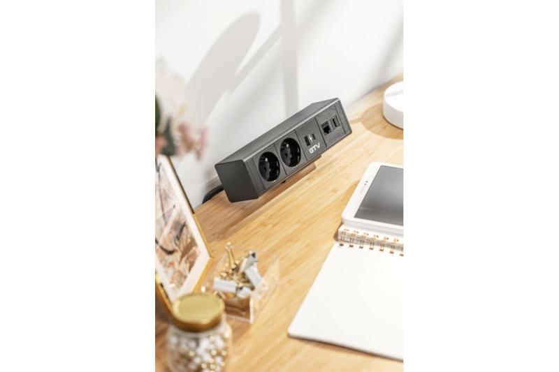 Indux Desk BAR bureaustopcontact zwart 2x penaarde Type E + USB-A & USB-C 20W + HDMI + RJ45