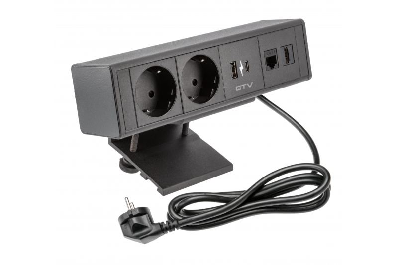 Indux Desk BAR bureaustopcontact zwart 2x randaarde + USB-A & USB-C 20W + HDMI + RJ45