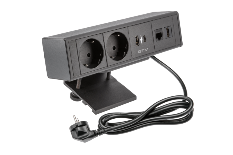 Indux Desk BAR bureaustopcontact zwart 2x randaarde + USB-A & USB-C 20W + HDMI + RJ45