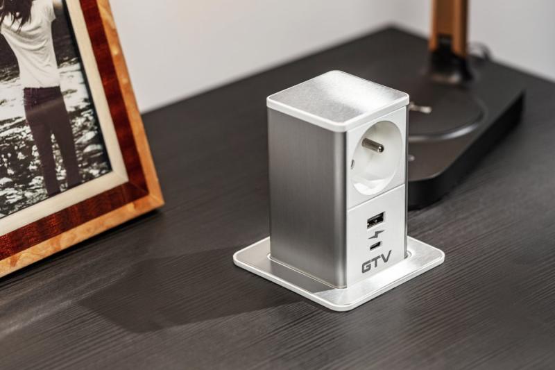 Indux Push uitschuifbaar stopcontact voor werkblad wit Frans/Schuko + USB-A & USB-C 20W