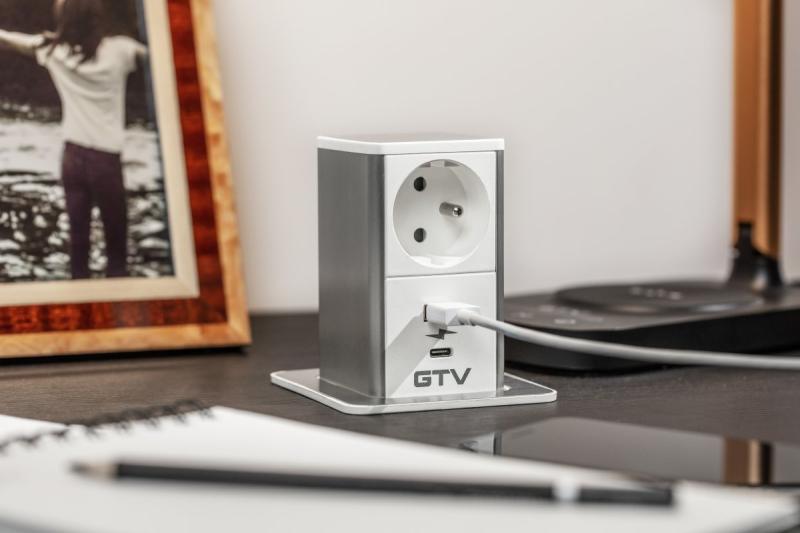 Indux Push uitschuifbaar stopcontact voor werkblad wit Frans/Schuko + USB-A & USB-C 20W