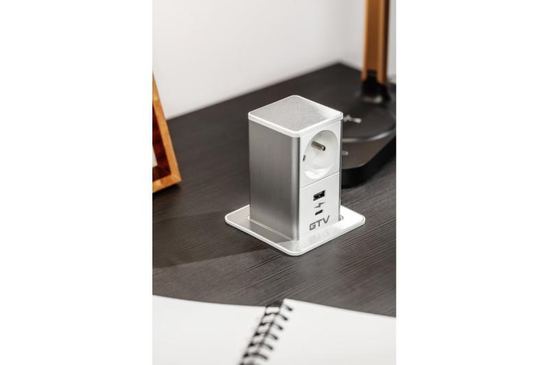 Indux Push uitschuifbaar stopcontact voor werkblad wit Frans/Schuko + USB-A & USB-C 20W
