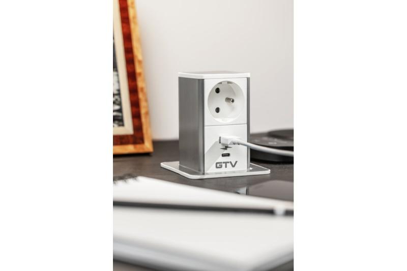 Indux Push uitschuifbaar stopcontact voor werkblad wit Frans/Schuko + USB-A & USB-C 20W