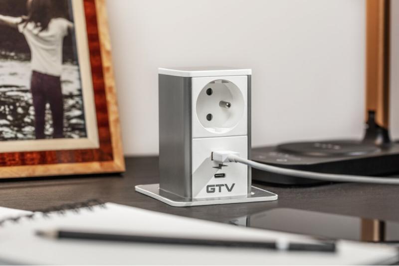 Indux Push uitschuifbaar stopcontact voor werkblad wit Frans/Schuko + USB-A & USB-C 20W