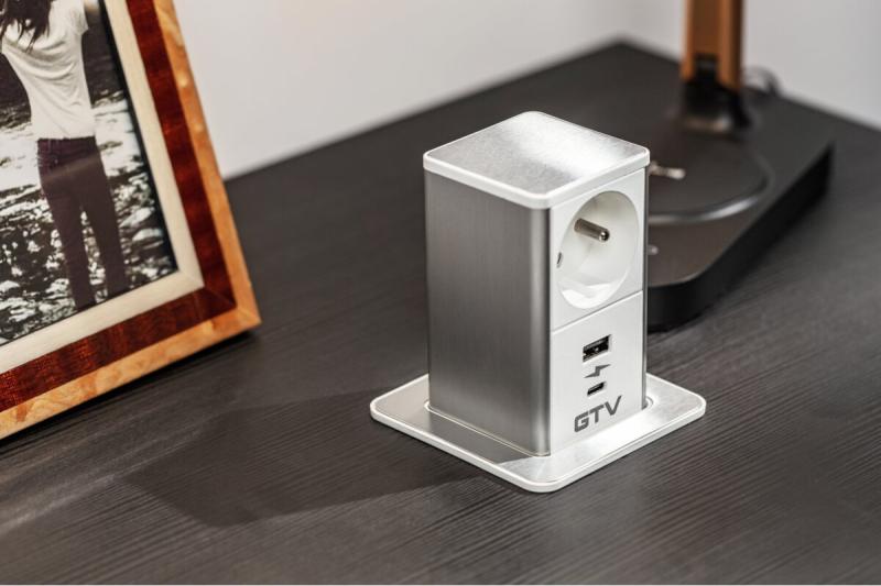 Indux Push uitschuifbaar stopcontact voor werkblad wit Frans/Schuko + USB-A & USB-C 20W