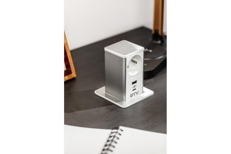 Indux Push uitschuifbaar stopcontact voor werkblad wit Frans/Schuko + USB-A & USB-C 20W