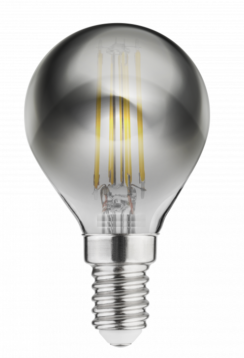 Decor Lumiere este un bec cu leduri rotunde E14, cu filament, cu lumina de lumanare de 1800K, intr-un glob de sticla fumurie de 45mm.