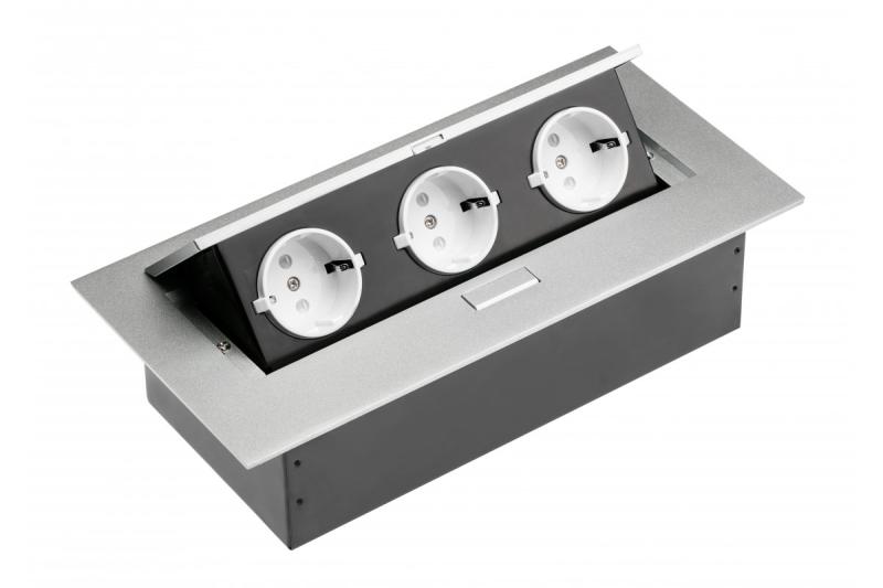 Meubelstopcontact, 3xSHUKO, zonder kabel, aluminium