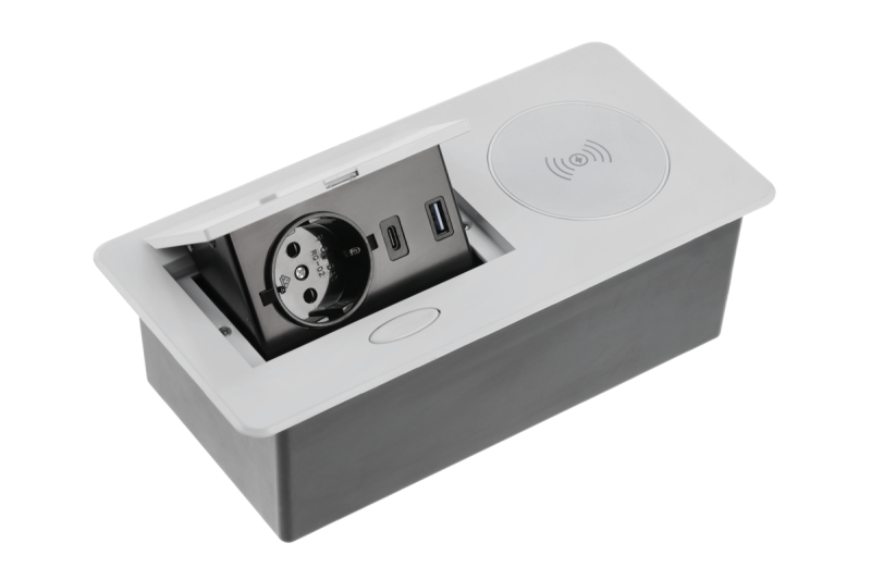 Meubelstopcontact AVARO PLUS, 1xSHUKO, USB A+C, inductief oplaadstation 5 W, kabel 1,5 m, aluminium