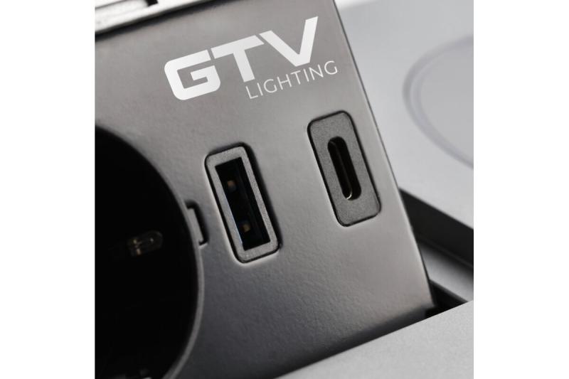 Meubelstopcontact AVARO PLUS, 1xSHUKO, USB A+C, inductief oplaadstation 5 W, kabel 1,5 m, aluminium