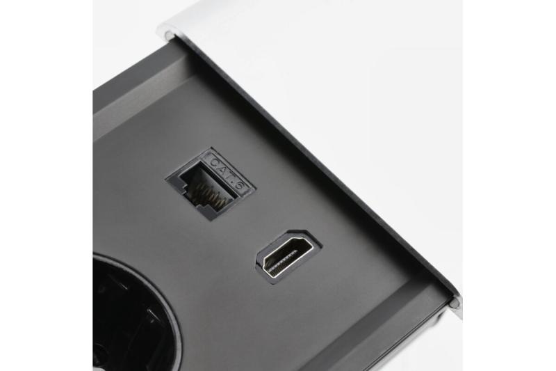 PRESTINO verzonken verlengkabel voor op het bureau, 2x Franse stekker, USB A+C, RJ45, HDMI, kabel 1,5 m, zilver