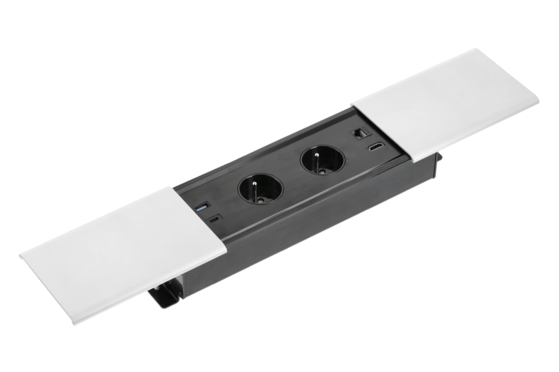 PRESTINO verzonken verlengkabel voor op het bureau, 2x Franse stekker, USB A+C, RJ45, HDMI, kabel 1,5 m, zilver