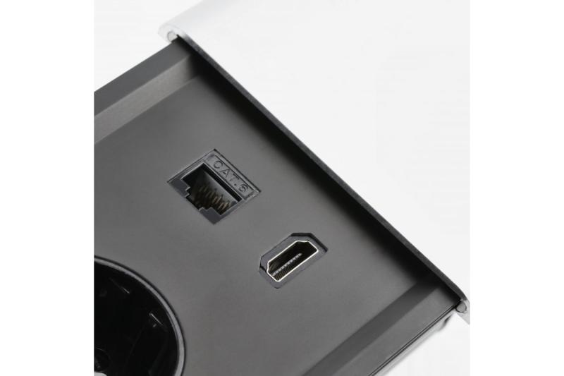 PRESTINO verzonken verlengkabel voor op het bureau, 2x Franse stekker, USB A+C, RJ45, HDMI, kabel 1,5 m, zilver