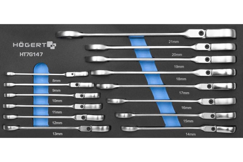 Combinatie-ratelsleutelset met flexibele kop, 14-delig, in technisch schuim