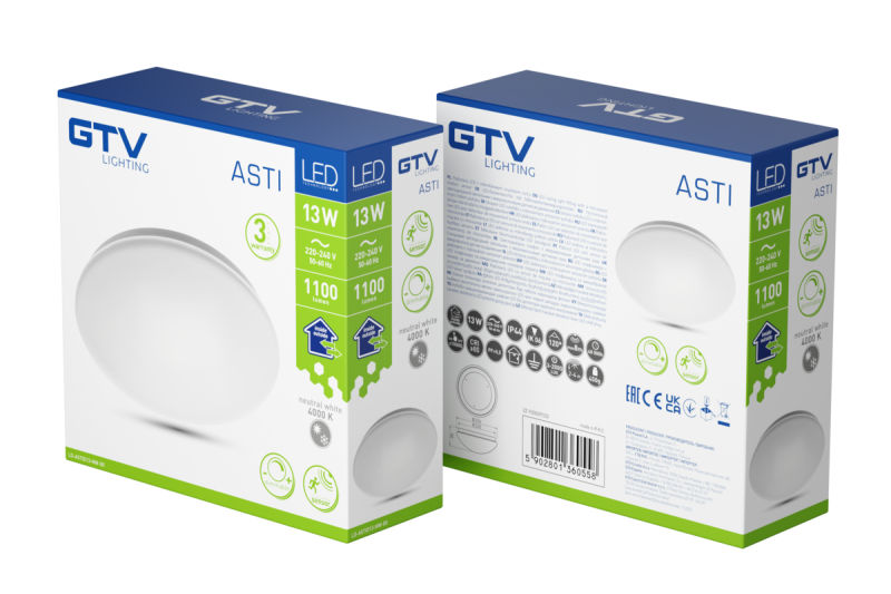 LED-armatuur ASTI-D13 met microgolfbewegingssensor, 13 W, 1100 lm, 4000 K, AC 220-240 V, IP44, PF > 0,5, Ø 254 mm, dimbaar