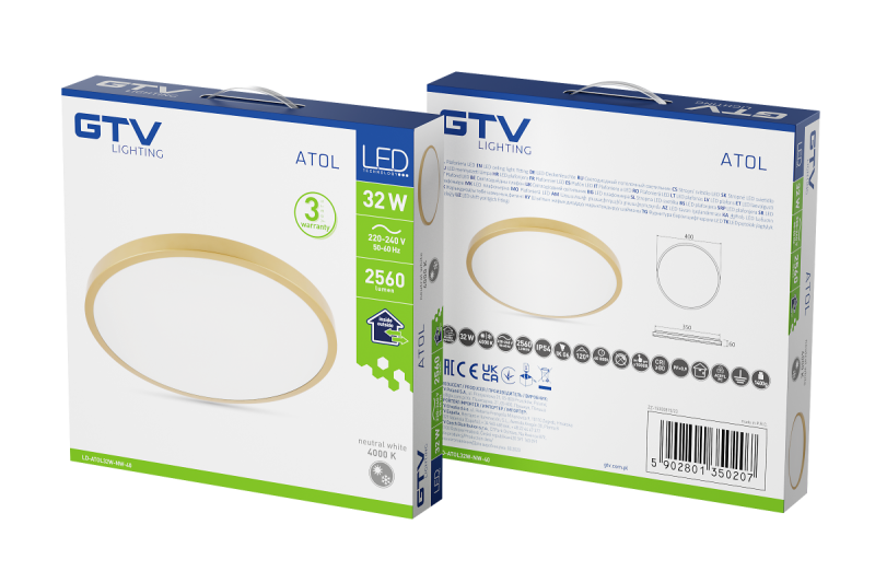 LED-armatuur ATOLL, 32 W, 2560 lm, 4000 K, AC 180–250 V, PF > 0,9, IP54, Ø 400 mm, goud