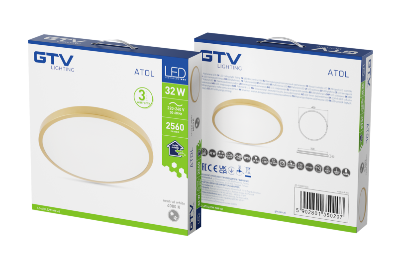 LED-armatuur ATOLL, 32 W, 2560 lm, 4000 K, AC 180–250 V, PF > 0,9, IP54, Ø 400 mm, goud