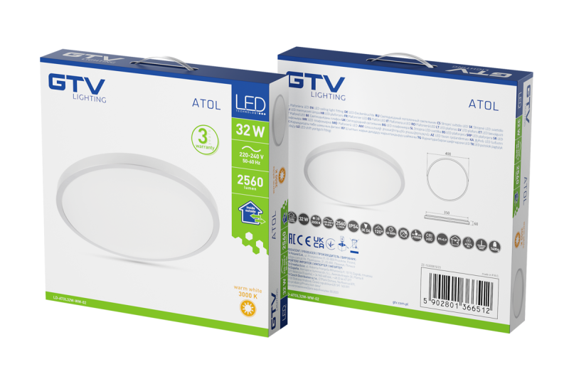 LED-armatuur ATOLL, 32 W, 2560 lm, 3000 K, AC 180–250 V, PF > 0,9, IP54, Ø 400 mm, zilver