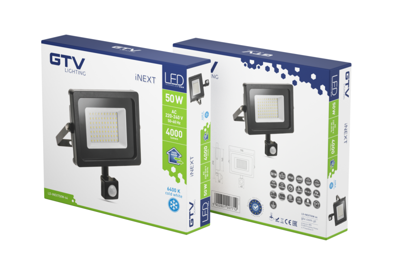 LED-schijnwerper met bewegingssensor iNEXT, 50 W, 4000 lm, 6400 K, AC 220-240 V, IP65, 120°, zwart