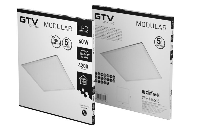 MODULAIRE LED-armatuur, 40 W, 4200 lm, 4000 K, 220-240 V wisselstroom, IP54, 60 x 60 cm, achterplaat, UGR < 19