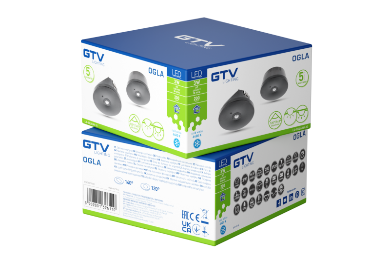 LED-noodverlichting OGLA, 3 W, 200 lm, 6400 K, AC 220-240 V, IP20, 3 uur, enkelvoudige modus, TEST-knop, zwart
