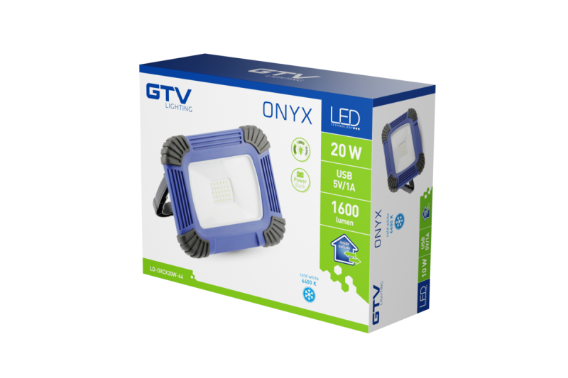 LED-schijnwerper met oplaadbare batterij ONYX, 20 W, 1600 lm, 6400K, USB 5V/1A, RA>80, IP54, 120°, blauw