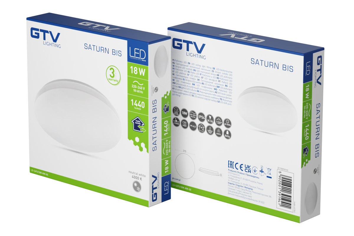 LED svítidlo SATURN BIS, 18 W, 1440 lm, 4000K, AC180-250V, PF>0.5, IP54, Ø315 mm