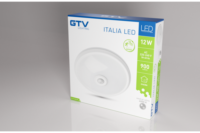 LED-armatuur ITALIA met bewegingssensor, 12 W, 900 lm, 4000K, AC220-240V, IP20, 360°, rond