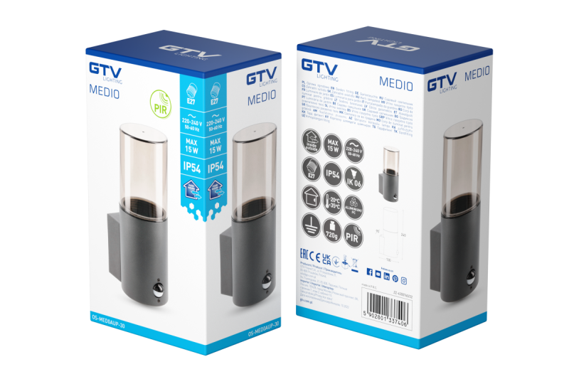 Gevelverlichting MEDIO met bewegingssensor, E27, max. 15 W, IP54, grafiet
