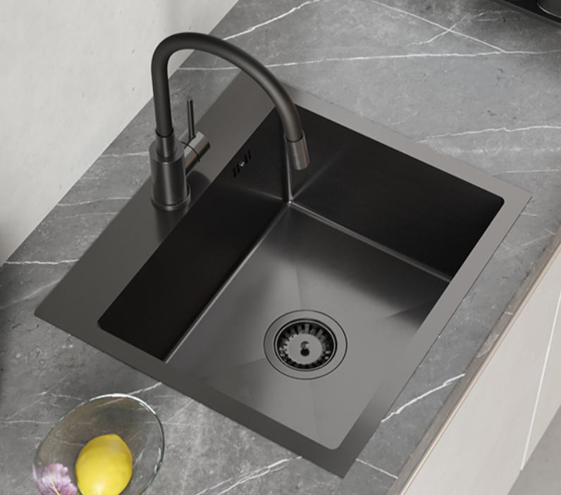 Quadri Dixton 50 Schwarze Nano PVD Edelstahlspüle 500x450 mm mit Hahnloch, Aufliegend 1208967082