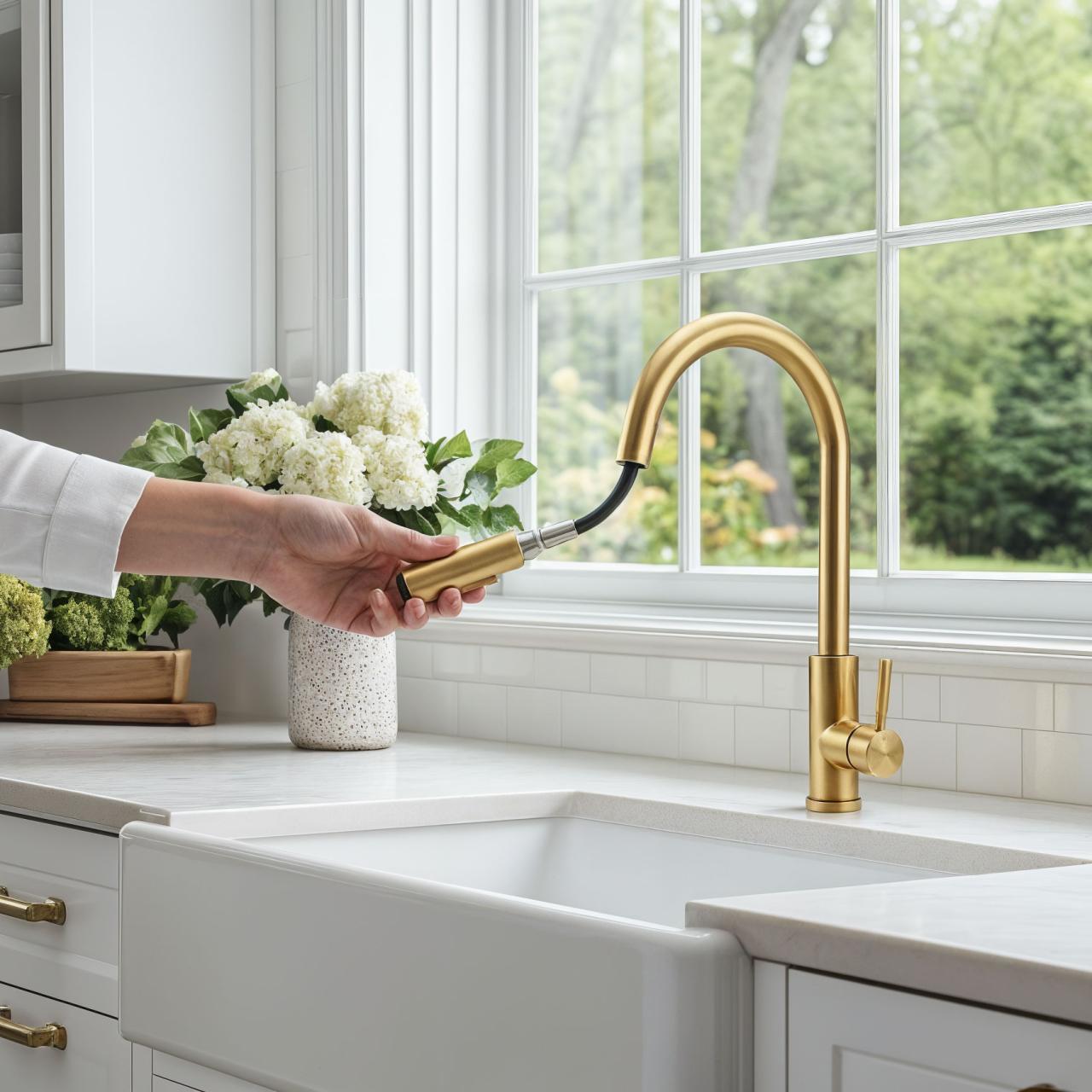Pure.Sink Elite Steel Stream-S torneira de cozinha PVD Ouro Escovado com bica extensível PS8045-60