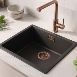 Zwarte spoelbak 40x40cm onderbouw en opbouw met koperen plug 1208968033