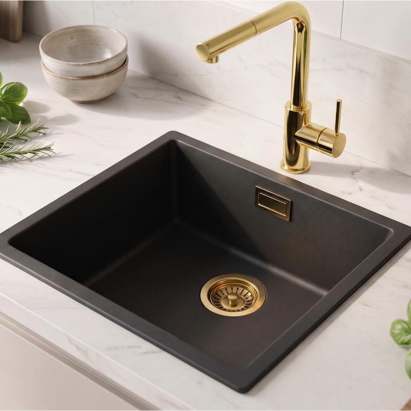 Zwarte spoelbak 40x40cm onderbouw opbouw met gouden plug 1208968034