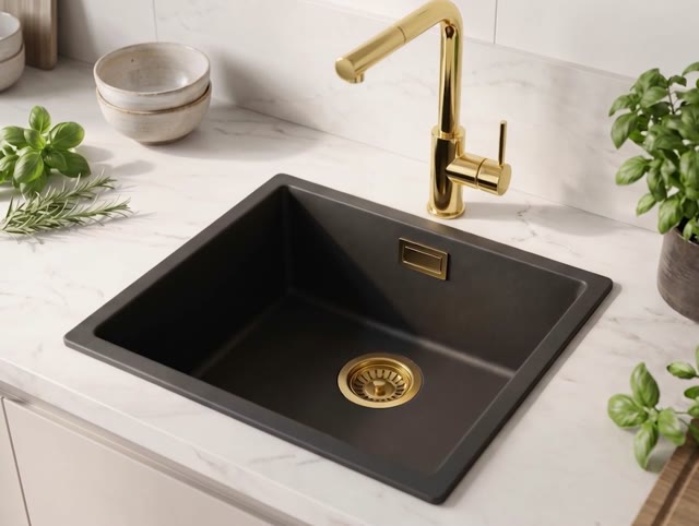 Zwarte spoelbak 40x40cm onderbouw opbouw met gouden plug 1208968034