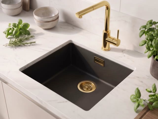 Zwarte spoelbak 40x40cm onderbouw opbouw met gouden plug 1208968034