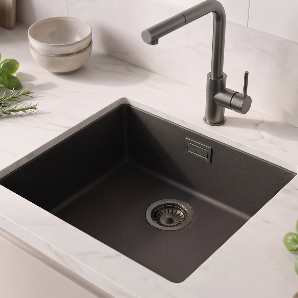 Zwarte spoelbak 40x40cm onderbouw opbouw met gun metal plug 1208968035