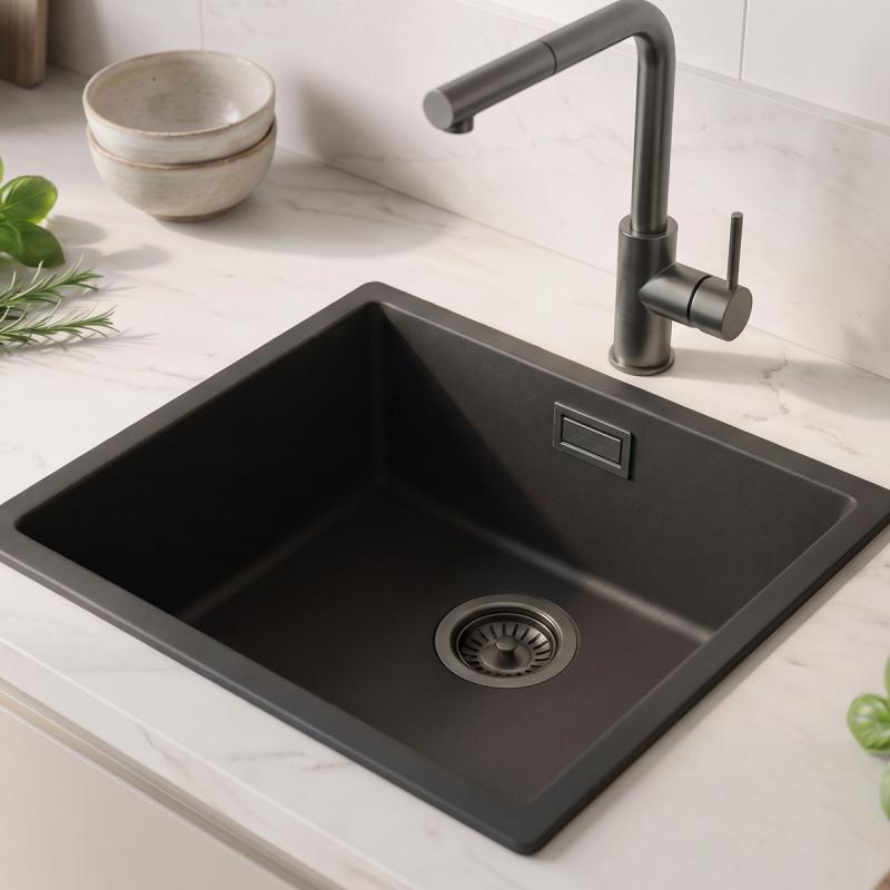 Zwarte spoelbak 40x40cm onderbouw opbouw met gun metal plug 1208968035