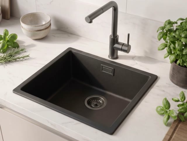 Zwarte spoelbak 40x40cm onderbouw opbouw met gun metal plug 1208968035