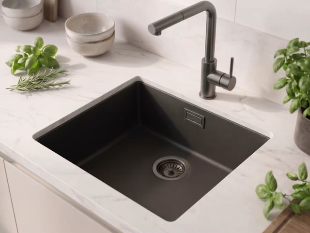 Zwarte spoelbak 40x40cm onderbouw opbouw met gun metal plug 1208968035