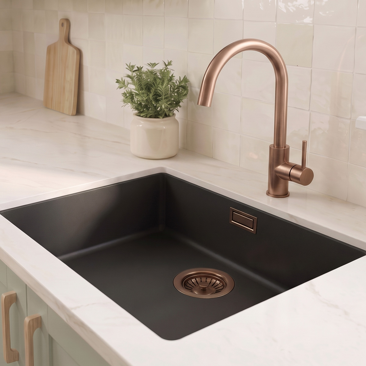 Zwarte spoelbak 50x40cm onderbouw en opbouw met koperen plug 1208968036