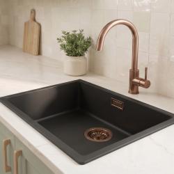 Zwarte spoelbak 50x40cm onderbouw en opbouw met koperen plug 1208968036
