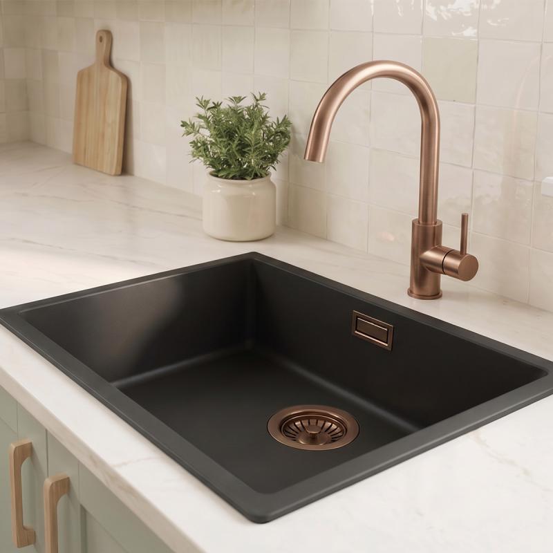 Zwarte spoelbak 50x40cm onderbouw en opbouw met koperen plug 1208968036