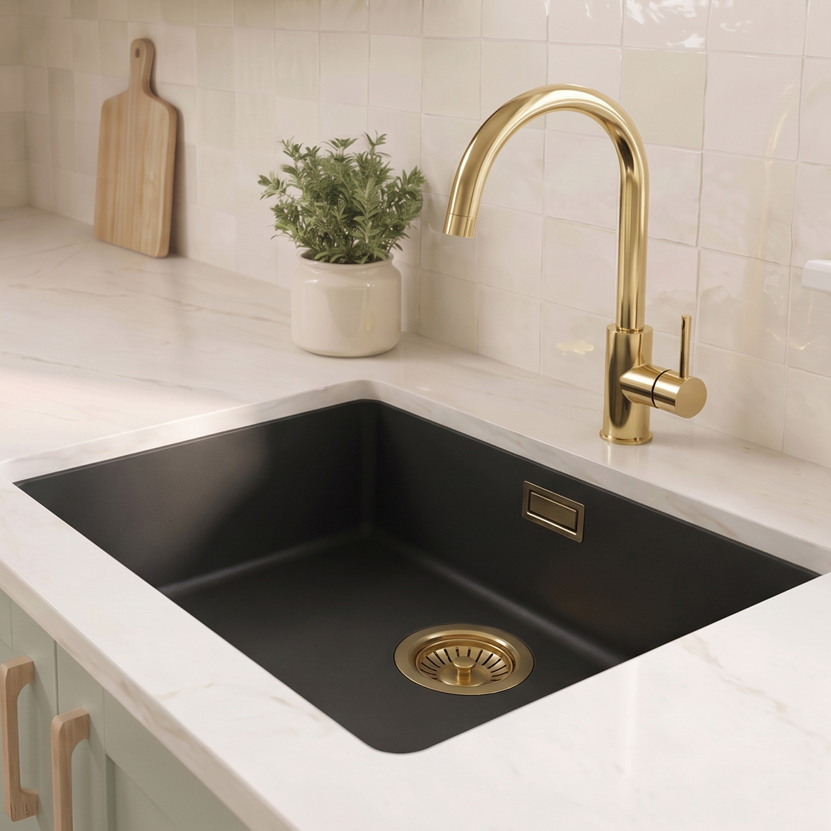 Zwarte spoelbak 50x40cm onderbouw en opbouw met gouden plug 1208968037